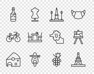 Set line Cheese, Eiffel tower, Place De La Concorde, Scooter, Bottles of wine, French cafe, Grape fruit and Easel painting art boards icon. Vector