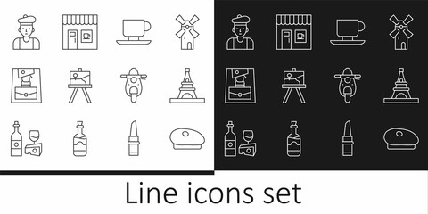 Set line French beret, Eiffel tower, Coffee cup, Easel or painting art boards, Handbag, man, Scooter and shop icon. Vector