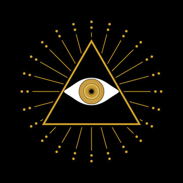 Golden eye of providence (All seeing eye) in triangle with light ray mystical boho flat vector design.