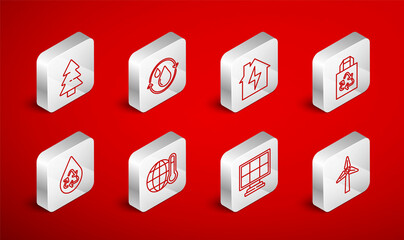 Set line Wind turbine, Recycle clean aqua, House and lightning, Paper bag with recycle, Solar energy panel, Christmas tree, Global warming and icon. Vector