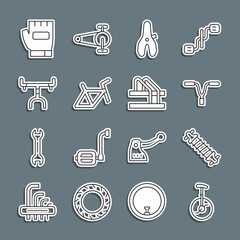 Set line Unicycle or one wheel bicycle, Bicycle suspension, handlebar, seat, frame, Gloves and parking icon. Vector