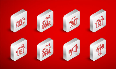 Set line Hanging sign with Sale, Rent, House percant discount, shield, Megaphone, Garden fence wooden, and dollar symbol icon. Vector