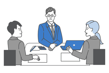 メガネをかけ仕事机に座る教授風の男性と男女の営業マンの線画ベクターイラスト