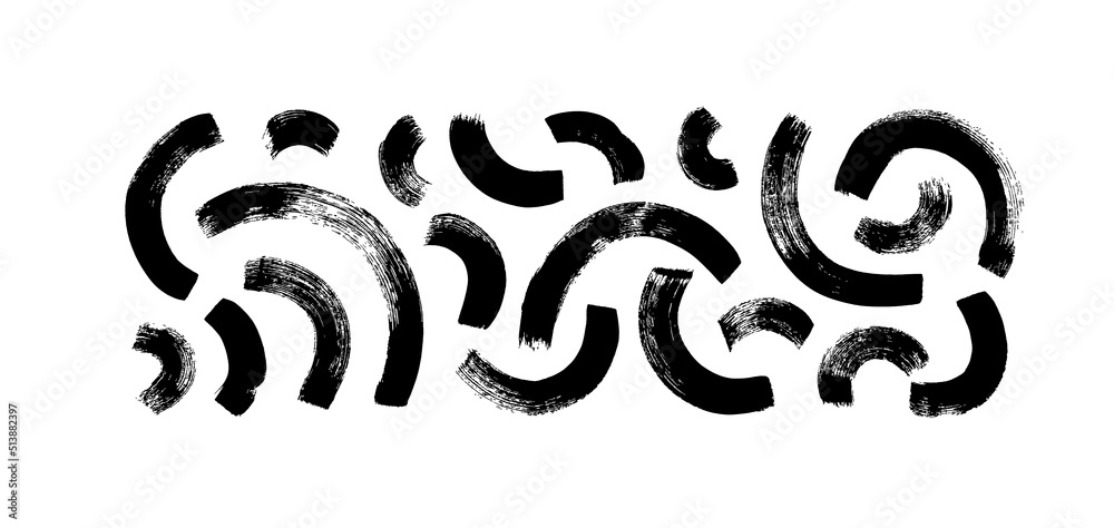 Poster set of curved brush strokes. black paint vector bold lines isolated on white background. hand drawn 