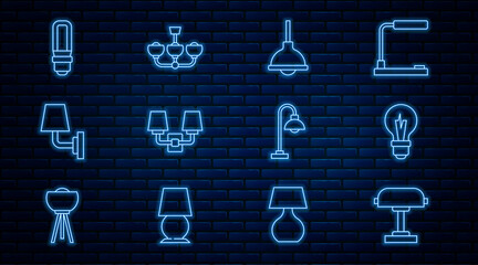 Set line Table lamp, Light bulb, Lamp hanging, Wall or sconce, LED light, Floor and Chandelier icon. Vector