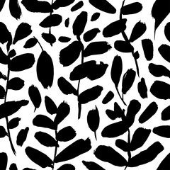 Seamless eucalyptus branch pattern with bold leaves. Hand drawn black brush painted silhouettes. Various foliage silhouettes, vector monochrome botanical ornament. Natural black vector branches