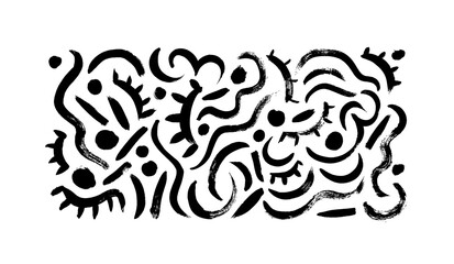 Scribble lines vector set. Hand drawn curved lines and dots. Charcoal texture. Calligraphy swirls, black squiggles. Vector ink decorations. Scribble brush strokes collection. Childish pencil drawing  