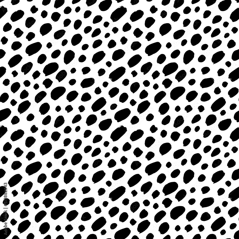 Poster Stylish simple polka dot seamless pattern. Diagonal vector black small brush strokes. Black uneven specks, spots, ink blobs. Dots of different size texture. Abstract monochrome background.