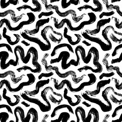 Wavy and swirled brush strokes vector seamless pattern. Bold lines organic ornament. Hand drawn black brushstrokes, rough smears with scribbles. Biological grunge squiggles. Ink wrapping paper.