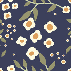 Seamless vector cute floral pattern with daisy flowers. Modern botanical texture in Scandinavian style for kids print. Hand drawn floristic pattern background