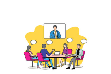 Business meeting via video conference. Online discussion concept. Flat cartoon illustration design.