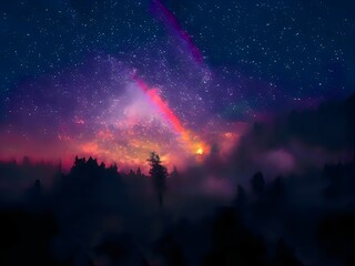 Milky Way and pink light at mountains. Night colorful landscape. Starry sky with hills. Beautiful Universe. Space background with galaxy. Travel background