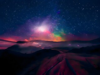Milky Way and pink light at mountains. Night colorful landscape. Starry sky with hills. Beautiful Universe. Space background with galaxy. Travel background