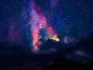 Fototapeta na wymiar Milky Way and pink light at mountains. Night colorful landscape. Starry sky with hills. Beautiful Universe. Space background with galaxy. Travel background
