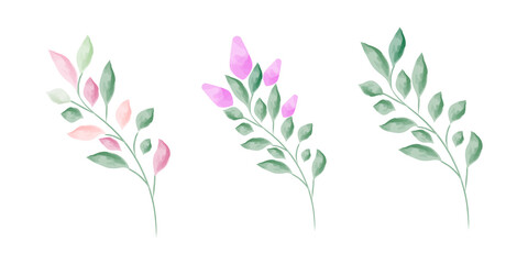 Set of watercolor leaves, hand drawn illustration of floral elements isolated on a white background, can be used for greeting cards and invitations.