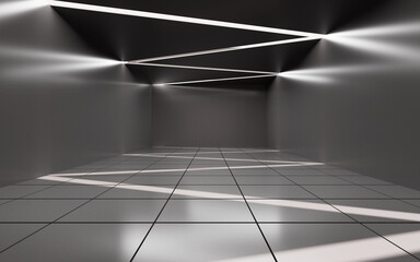 Abstract empty gray room interior with curved light and shadow, 3d rendering.