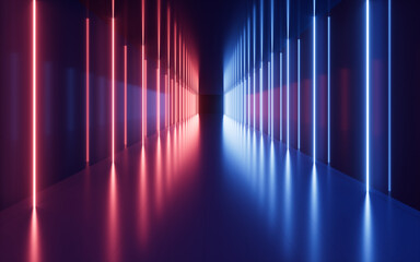 Neon lights and tunnel, 3d rendering.