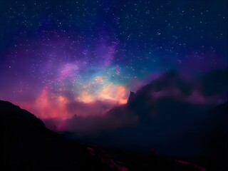 Milky Way and pink light at mountains. Night colorful landscape. Starry sky with hills. Beautiful...