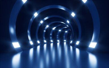 Fototapeta premium Neon lights and tunnels for turning, 3d rendering.