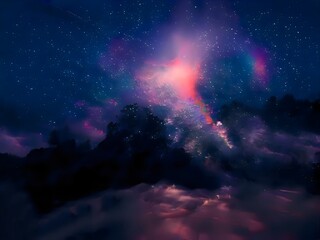 Milky Way and pink light at mountains. Night colorful landscape. Starry sky with hills. Beautiful...