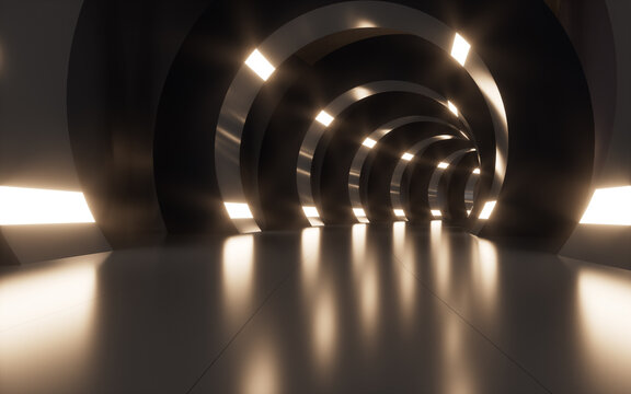 Neon lights and tunnels for turning, 3d rendering.