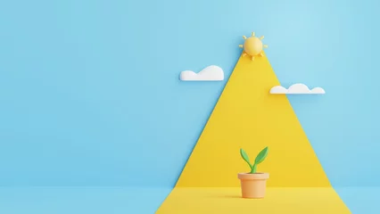 Fotobehang Pot Plant or Seedlings growing with sunligh.Nature, ecology and growth concept. Abstract minimal scene with copy space.3D Rendering Illustration. © Man As Thep