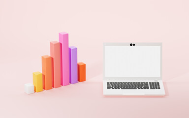Laptop and bar graph with pink background, 3d rendering. - obrazy, fototapety, plakaty