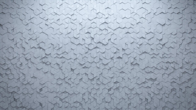 Diamond Shaped, 3D Mosaic Tiles arranged in the shape of a wall. White, Semigloss, Bricks stacked to create a Polished block background. 3D Render