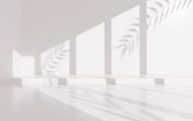 Empty white room with leaves shadow, 3d rendering.