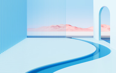 Empty curved stage with landscape background, 3d rendering.