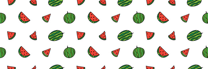 Wide horizontal doodle style vector seamless pattern background with whole watermelons and watermelon slices.
