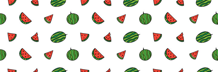 Wide horizontal doodle style vector seamless pattern background with whole watermelons and watermelon slices.
