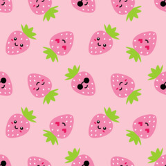 Cute pink strawberry characters vector seamless pattern background for food and nature.
