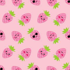 Fototapeta premium Cute pink strawberry characters vector seamless pattern background for food and nature. 