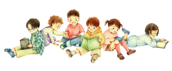 集団で座って読書する子供たち　手描き色鉛筆画