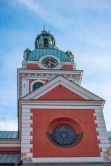 View of the clock tower of The Saint James's Church in the capital of Sweden, Stockholm.