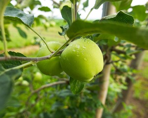 ripening apple on a tree on the green background