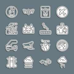 Set line Storm, Radar with targets on monitor, Suitcase, Passport, Aircraft steering helm, Plane crash, No alcohol and landing icon. Vector