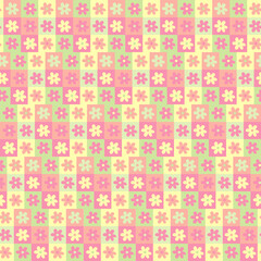 Cute y2k patchwork floral seamless pattern background. Danish Pastel checkerboard backdrop. Modern, trendy, bright vector design for textile, print, wallpaper.