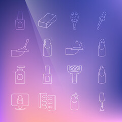 Set line Nail polish, Broken nail, file, manicure, Manicure, Bottle of and icon. Vector
