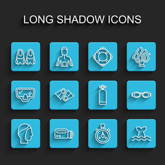 Set line Diving hood, Flashlight for diver, Flippers swimming, Stopwatch, Whale tail, Glasses and Aqualung icon. Vector