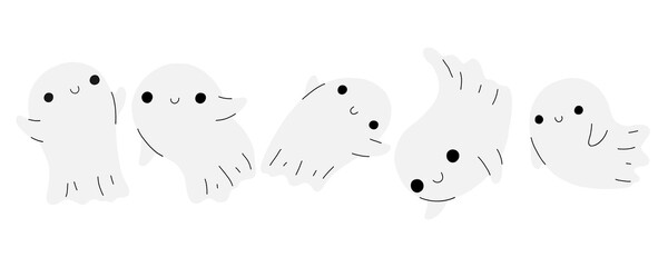 Little ghost. Halloween ghost in cute kawaii style. Halloween funny smiling spirit ghosts set on white background. trick or treat vector cartoon image.