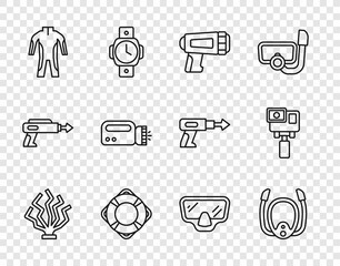 Set line Coral, Diving mask with snorkel, Flashlight for diver, Lifebuoy, Wetsuit scuba diving, and Action extreme camera icon. Vector