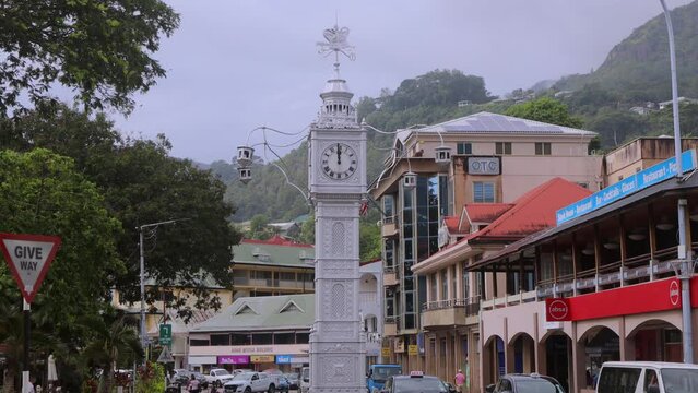 Victoria streets with people and cars, Mahe Island, Seychelles