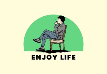 Man sit on chair and smoke cigarettes illustration
