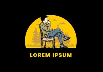 Man sit on chair and smoke cigarettes illustration