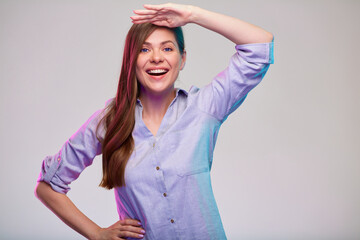 Smiling business woman looking for new job or find new worker. isolated portrait.