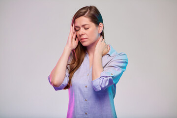 Woman with headache tilt head down. business woman isolated portrait.