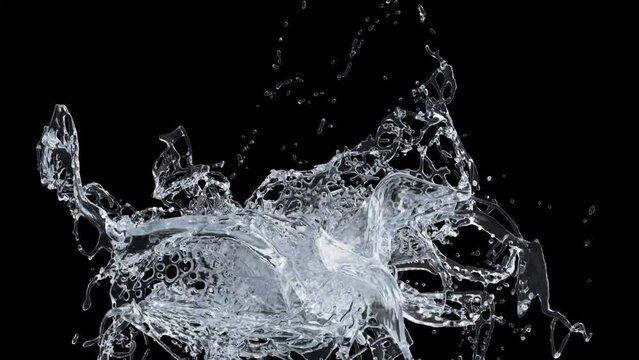 Water Splash Slow-Motion on black background with alpha matte. 3d illustration.