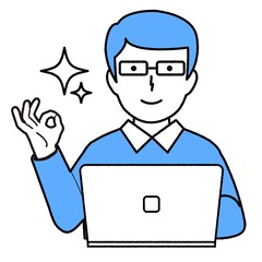 パソコンを使う男性 : OKサイン